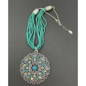 Large Pendant Necklace Costume Turquoise and Silver Colored Hot In Hollywood HSN